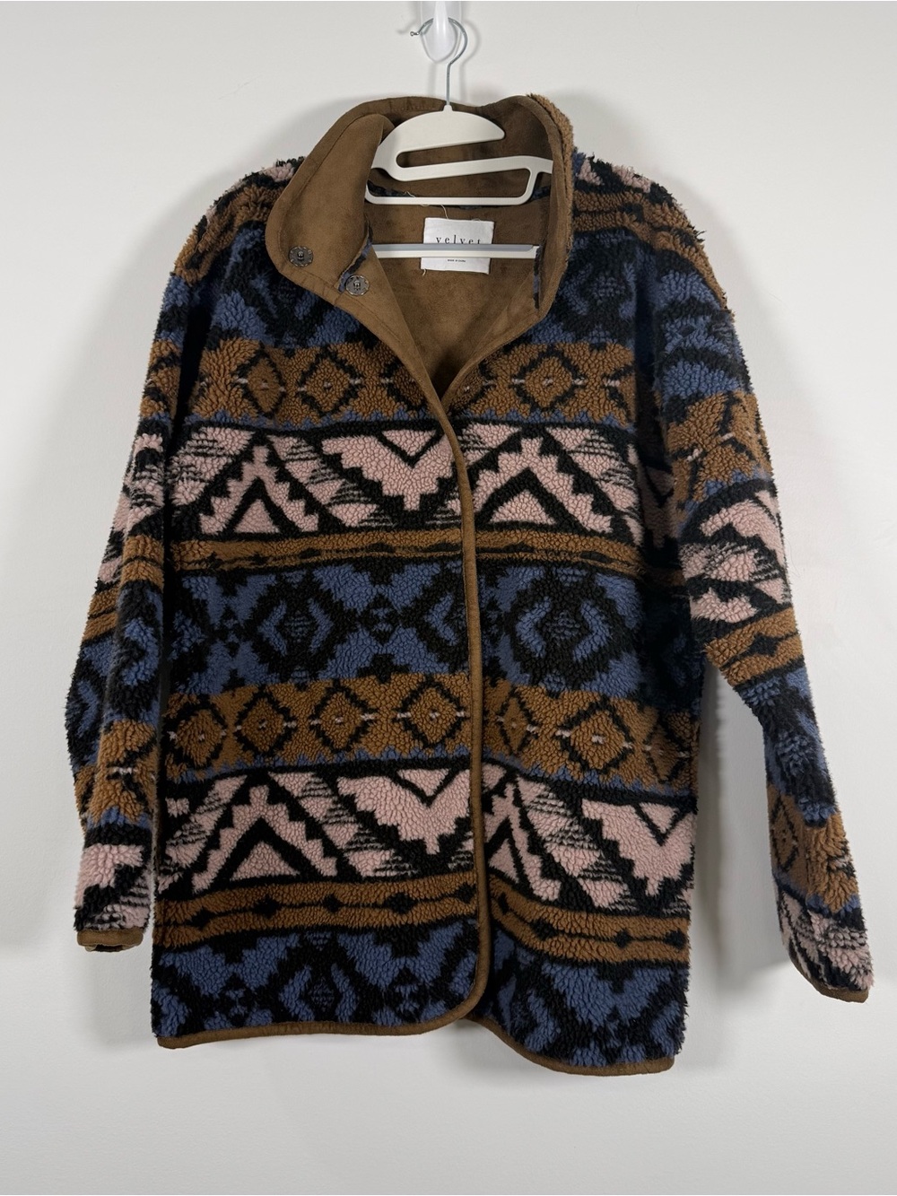 Velvet by Graham & Spencer Brown Blue Pink Geometric Sherpa Button Jacket